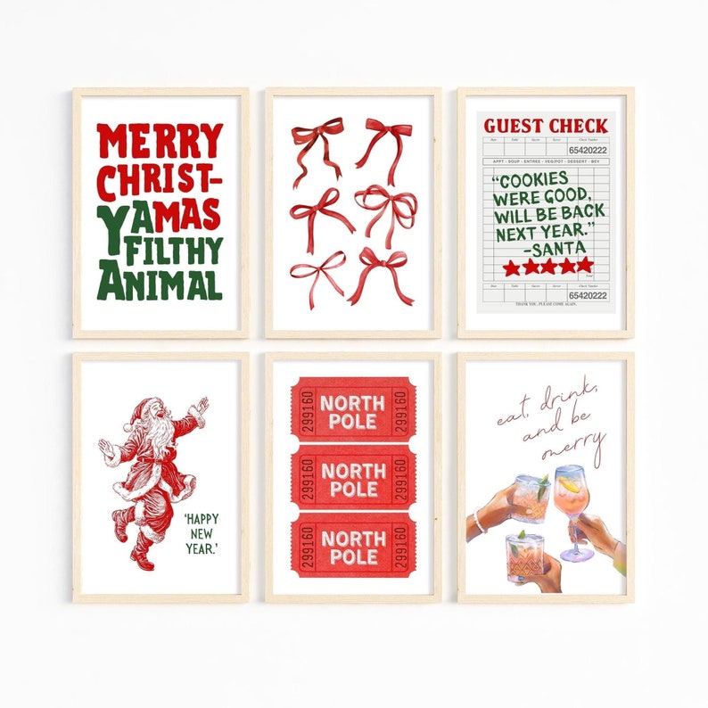 Red Christmas Art Prints: Holiday Home Decor Set of 6 (Digital Download) image 1