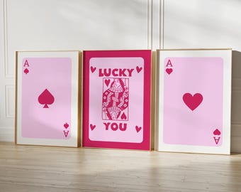 Retro Pink Card Art Prints: Ace, Lucky You - Set of 3 (Digital Download)