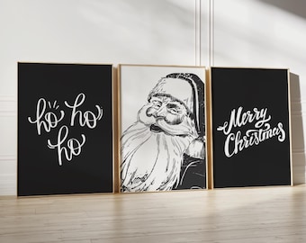 Trendy Christmas Wall Art Prints: Black White Holiday Decor Set of 3, Santa Wall Art (Digital Download)