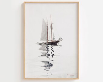 Impresión artística de boceto de velero antiguo: dibujo antiguo en acuarela (descarga digital)