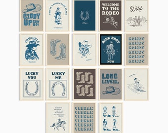 May include: A set of 16 printable wall art prints with a western theme. The prints feature illustrations of cowboys, horses, boots, and other western imagery. The prints are in a variety of colors, including blue, brown, and white.