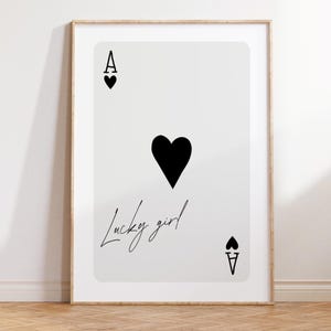 Impresión de chica afortunada, arte de pared moderno en negro, juego de cartas de as, póster preppy, decoración de dormitorio para niñas, póster Lucky You, apartamento estético DIGITAL