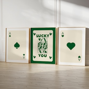 Trendy Retro Wall Art 3er Set Retro Trendy ästhetic Print Green Ace Karte Poster Lucky You Poster Trendy Wandkunst Lustige Kunst DIGITAL