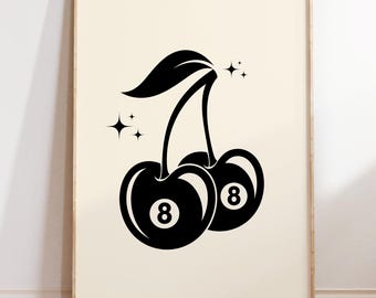 Retro 8 Ball Kirschen Print: Vintage Küche Wandbild (Digitaler Download)