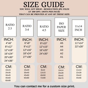 May include: A size guide for printable digital art, showing different aspect ratios and corresponding inch and centimeter measurements. The guide includes standard paper sizes like A5, A4, A3, A2, and A1.