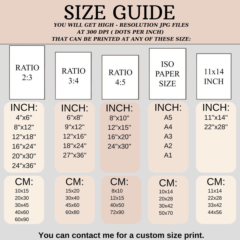 May include: A size guide for printable digital art, showing different aspect ratios and corresponding inch and centimeter measurements. The guide includes standard paper sizes like A5, A4, A3, A2, and A1.