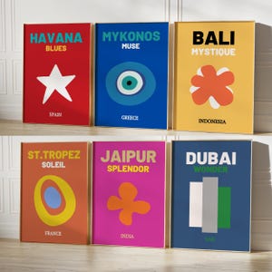 Reise-Druck 6er-Set Galeriewand-Set Druckbare Wandkunst Bunte Reiseplakat Maximalist-Wandkunst Bali Dubai Jaipur Havanna Plakat DIGITAL