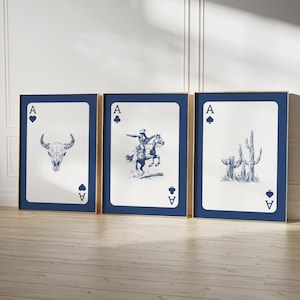 Conjunto de 3 peças de arte de parede estilo western azul escuro, estampa de cowboy, inspirada em cartas de baralho, decoração do sudoeste, arte western moderna, caveira de touro de chifre longo