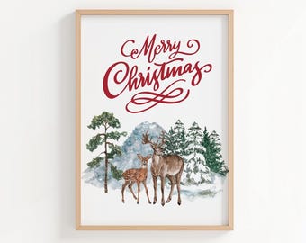 クリスマスの鹿のシーンを描いた印刷可能なウォールアート（デジタルダウンロード）