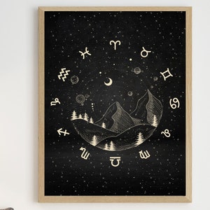 May include: Black and white illustration of a mountain range with a crescent moon and stars. The mountain range is surrounded by a circle of zodiac symbols.