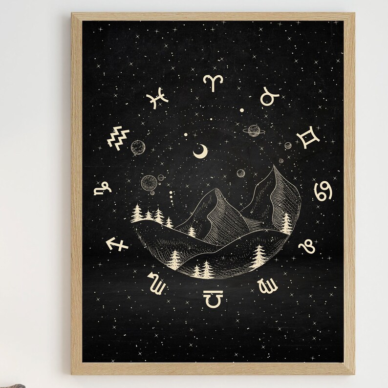 May include: Black and white illustration of a mountain range with a crescent moon and stars. The mountain range is surrounded by a circle of zodiac symbols.