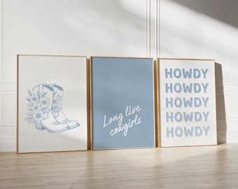 Blue Cowgirl Art Prints set of 3: Western Gallery Wall Set (Digital Download)