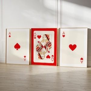 Juego de 3 impresiones de arte de pared retro de moda, póster de carta de as roja, póster de carta de reina, arte de pared moderno, arte divertido DIGITAL