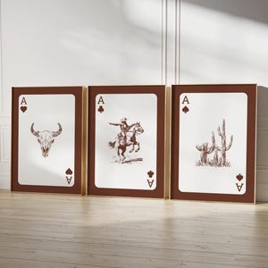 Zestaw sztuki ściennej Western 3 sztuki kowbojskiej z nadrukiem inspirowanym kartami do gry Wystrój w stylu południowo-zachodnim Modna sztuka zachodnia Czaszka byka długorogiego CYFROWA
