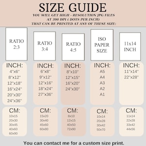 May include: A size guide for printable images, showing different aspect ratios and corresponding inch and centimeter measurements. The guide includes standard ISO paper sizes, such as A5, A4, A3, A2, and A1.