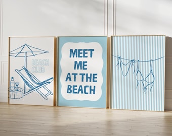 Blauwe kust muurkunst set van 3 bikini print beachy decor meet me at the beach kunst preppy trendy poster zomer coquette decor girly digitaal
