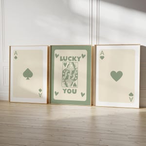 Modny zestaw 3 sztuk ściennych w stylu retro, modny estetyczny nadruk, plakat z zieloną kartą asa, plakat Lucky You, modna sztuka ścienna, Funky Art DIGITAL