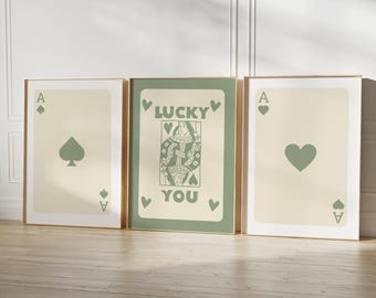 Retro Ace Card Print Set: Sage Green Trendy Wall Art (Digital Download)