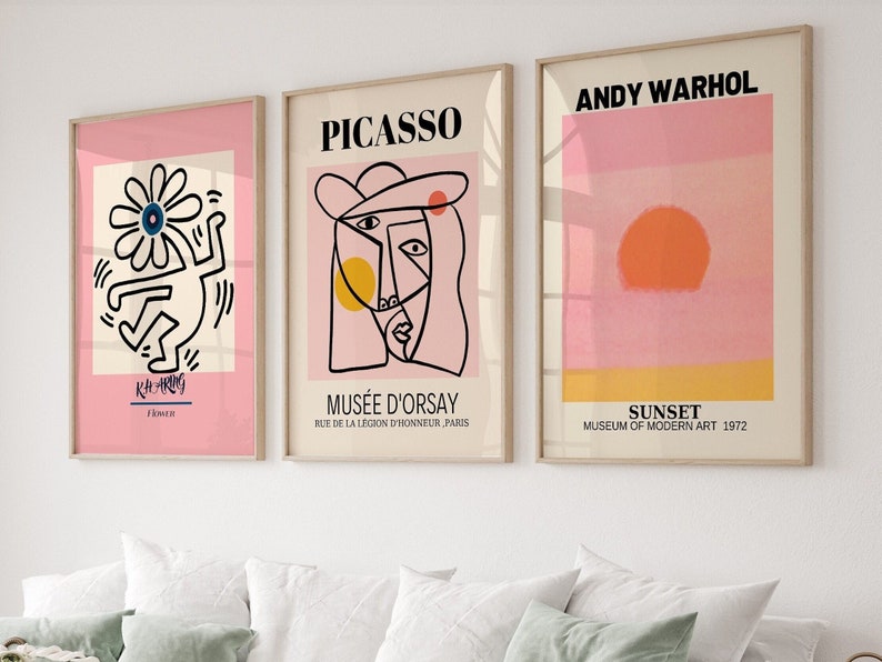Conjunto de arte de pared de galería de 3 impresiones, impresión de Picasso, póster de Andy Warhol, póster de Picasso, paquete de pared de galería, conjunto de Keith Haring, arte de pared moderno