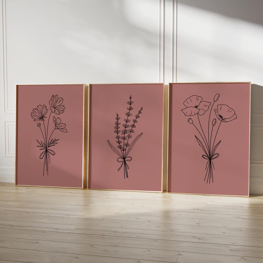 Botanical Line Art Prints: Cedar Rose Wall Decor Set (digital Download ...