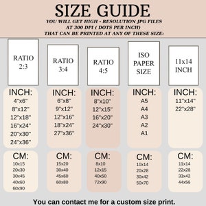 May include: A size guide for printable images, showing different aspect ratios and corresponding inch and centimeter measurements. The guide includes standard ISO paper sizes, such as A5, A4, A3, A2, and A1.