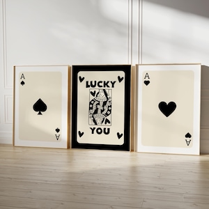 Trendy retro muurkunst set van 3 retro trendy esthetische print zwarte aas kaart poster Lucky You poster trendy muurkunst funky kunst digitaal
