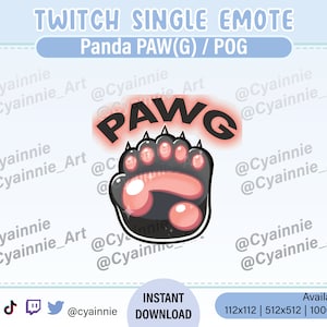 Może przedstawiać: Cyfrowa emotka Twitch z czarną i różową łapą pandy z napisem "PAWG" w kolorze czerwonym. Projekt zawiera tekst "TWITCH SINGLE EMOTE" i "Panda PAW(G) / POG".