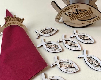 Decorazioni da tavola in legno personalizzate: pesci con nome individuale – Perfette per battesimo, comunione o cresima.