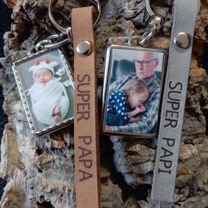 Personalized photo key ring; Leather key ring message papa papi; Father's Day gift, Grandpa's Day gift