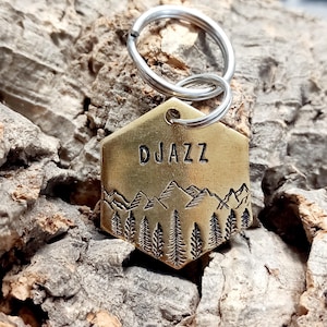 Può includere: Un'etichetta per cani in ottone con un design di una catena montuosa e pini. L'etichetta è incisa con il nome "DJAZZ".