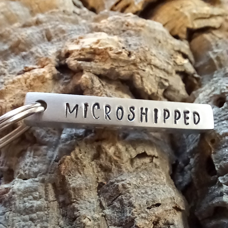Op de afbeelding: Een zilveren sleutelhanger met een rechthoekig label waarop "MICROSHIPPED" staat.