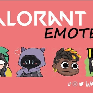 Könnte beinhalten: Ein rosa Hintergrund mit den weißen Worten „VALORANT EMOTES“. Darunter sind vier Cartoon-Charakter-Emotes abgebildet. Die Emotes umfassen einen Charakter mit Brille, einen Charakter mit Katzenkapuze, einen Charakter mit goldenen Ohrringen und einen Charakter mit dem Wort „TOXIC“.