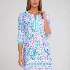 Frauen 3/4 Ärmel Slit Neck Kleid Tiefsee Gedruckt Baumwolle Spandex Strick Sommer Kleid