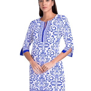 Women 3/4 Sleeve Slit Neck Dress Blue Bonanza Printed Cotton Spandex Knitted Summer Dress