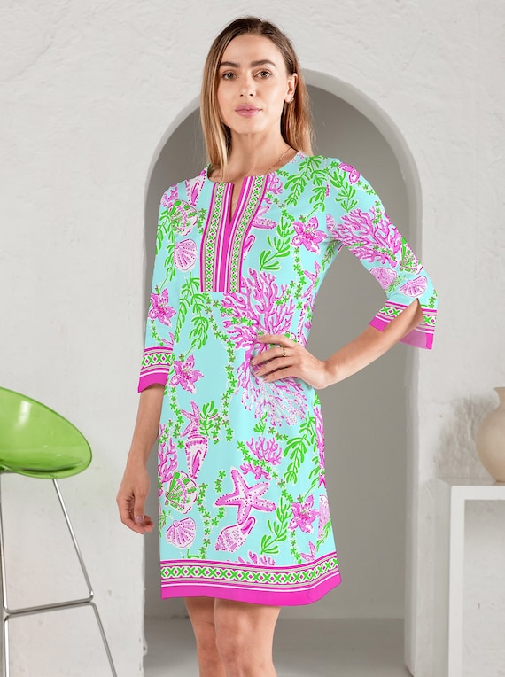 Buy 3/4 Sleeve Slit Neck Dress Bermuda Reef Printed Cotton Spandex 