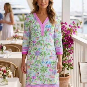 Lifestyle Print Cotton knit 3/4 Sleeve V-Neck Placket Dress