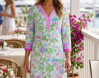 Vestido de punto de algodón con estampado Lifestyle, manga tres cuartos y escote en V.