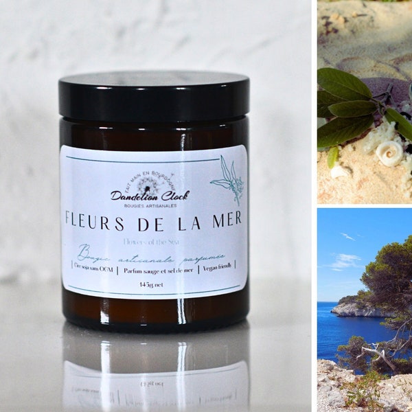 Bougie "Fleurs de la Mer": Sel de mer, sauge, et les fleurs de maquis/cire coco-soja sans OGM, 145 g, plus de 30 uren van de verbranding