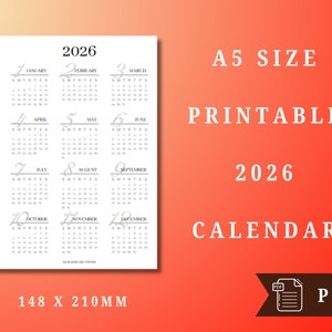 A5 Size PRINTABLE 2026 Yearly Calendar for Your Planners, the Week ...