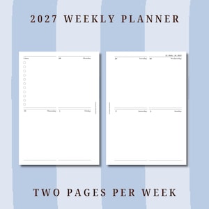 May include: A 2027 weekly planner layout featuring two pages per week. The left page includes a vertical list section with circular checkboxes and daily headers for Monday, Thursday, and Friday. The right page displays headers for Tuesday, Wednesday, Saturday, and Sunday, with blank space for notes.