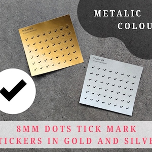プランナーや日記帳用のメタリックチェックマークミニプランナーステッカー、8mmドット、ゴールドとシルバー、機能的なステッカー、英国販売店