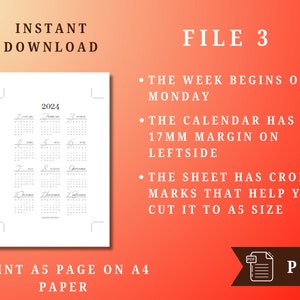 A5 Size PRINTABLE 2024 Yearly Calendar for Your Planners, the Week