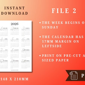 A5 Size PRINTABLE 2026 Yearly Calendar for Your Planners, the Week ...