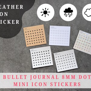 Stickers weerpictogramplanner, zonnig, regenachtig en bewolkt, kraftpapier, wit, mat transparant en holografisch, functionele stickers 8 mm dot, VK