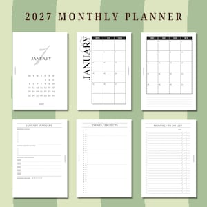 May include: A 2027 monthly planner featuring six white pages with black text and grid layouts. The pages include a January calendar, a monthly summary, an events and projects tracker, and a monthly to-do list with checkboxes and lines.