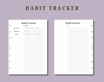 May include: Two white habit tracker pages with the words "Habit Tracker" at the top. The left page has a list of habits to track, and the right page is blank. The pages are on a purple background.