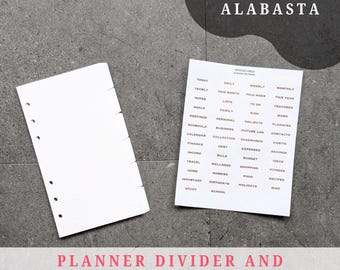 May include: A white planner divider and label sticker set. The set includes a divider with pre-punched holes and a sheet of labels with various categories such as "Goals", "Finance", and "Travel". The text "PLANNER DIVIDER AND DIVIDER LABELS STICKER SET" is displayed.