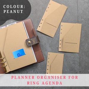 Może przedstawiać: Beżowy organizer na planera do agendy pierścieniowej z brązowym skórzanym akcentem i miejscem na kartę. Widoczny tekst "COLOUR: PEANUT" i "PLANNER ORGANISER FOR RING AGENDA". Zawiera kilka beżowych wkładek kieszonkowych.