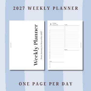 Può includere: Un'agenda settimanale 2027 con un layout di una pagina al giorno. La copertina presenta il testo 2027 WEEKLY PLANNER e Weekly Planner from January to December 2027. La pagina interna include un programma dalle 5 alle 24, una lista di cose da fare e note.