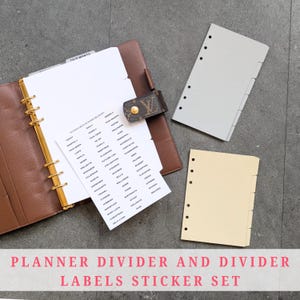 May include: A brown leather planner with gold detailing, open to show white divider pages and sticker labels. Additional grey and cream-coloured divider pages are also present. The text at the bottom reads: PLANNER DIVIDER AND DIVIDER LABELS STICKER SET.